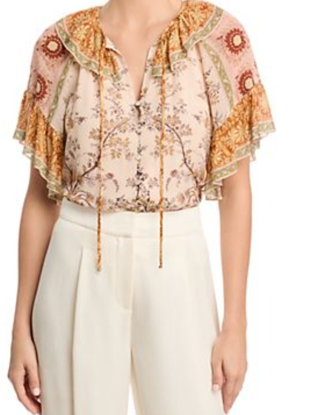 Kobi Halperin Blush and Mustard Floral Ruffle Tie-Neck Blouse Size XS